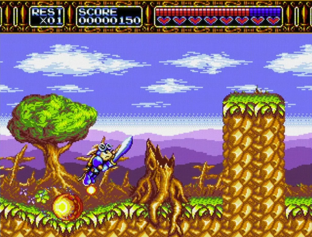 Sparkster launching into the air in Rocket Knight Adventures on the Sega Genesis