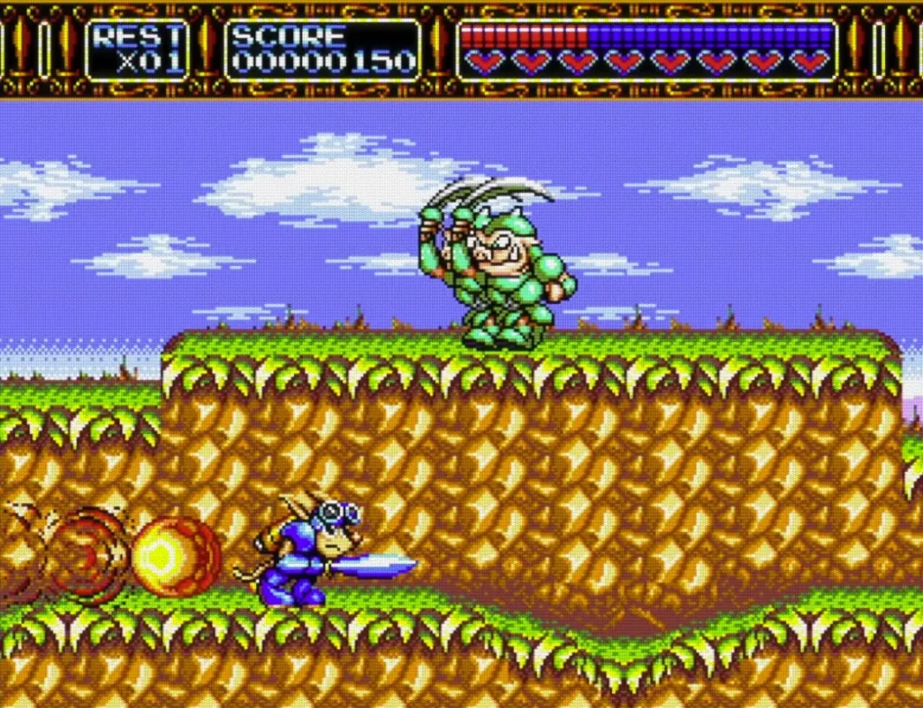 Sparkster launching forward like a Sonic spin attack in Rocket Knight Adventures