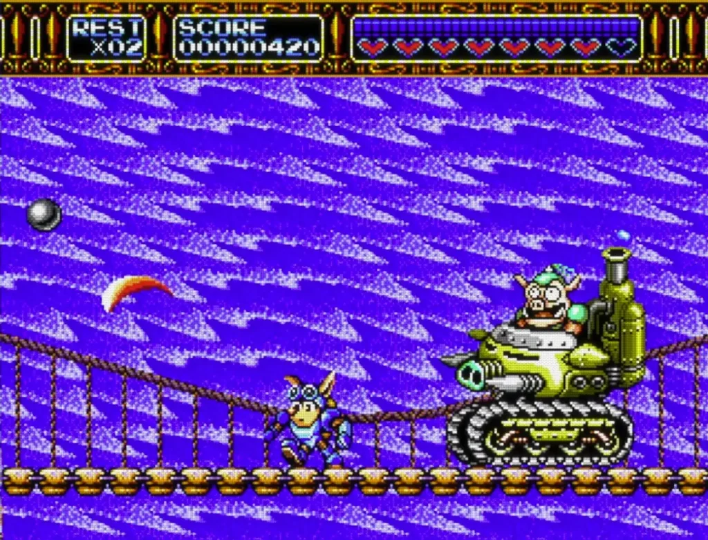 Rocket Knight Adventures mini boss - pig tank on bridge 