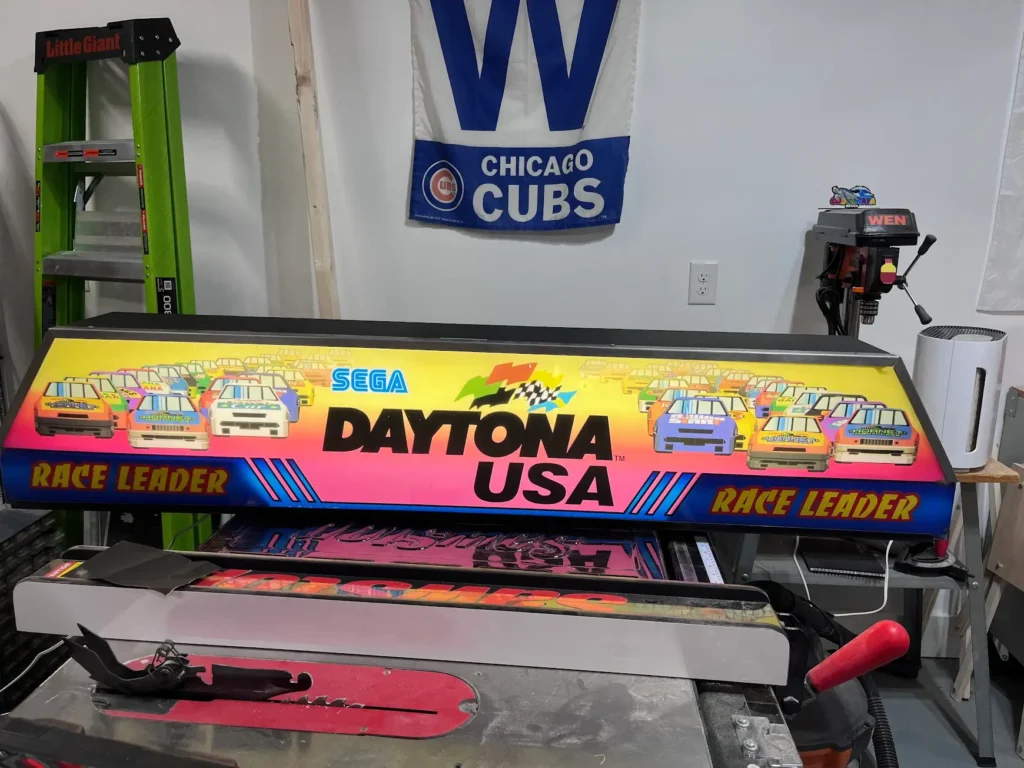 Daytona USA Twin Cabinet marquee restored and lit up