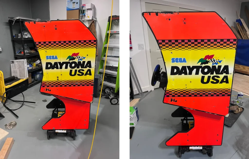 Daytona USA cabinet artwork before and after restoration