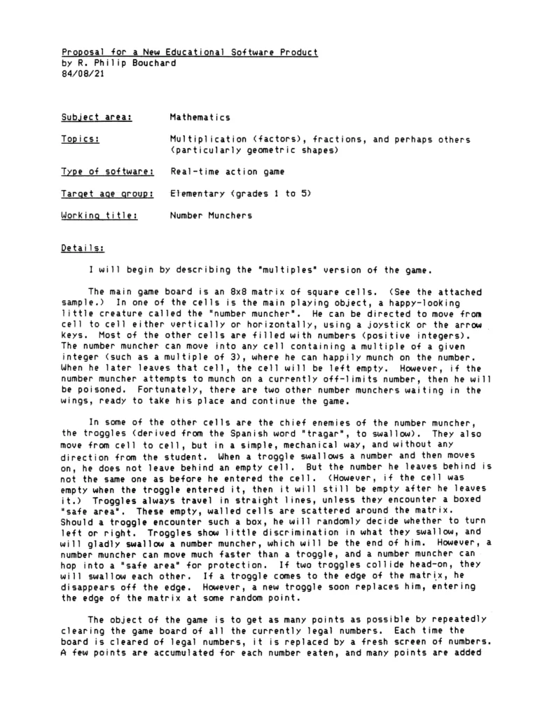 The original Number Munchers proposal submitted by Philip Bouchard in 1984 (page 1).