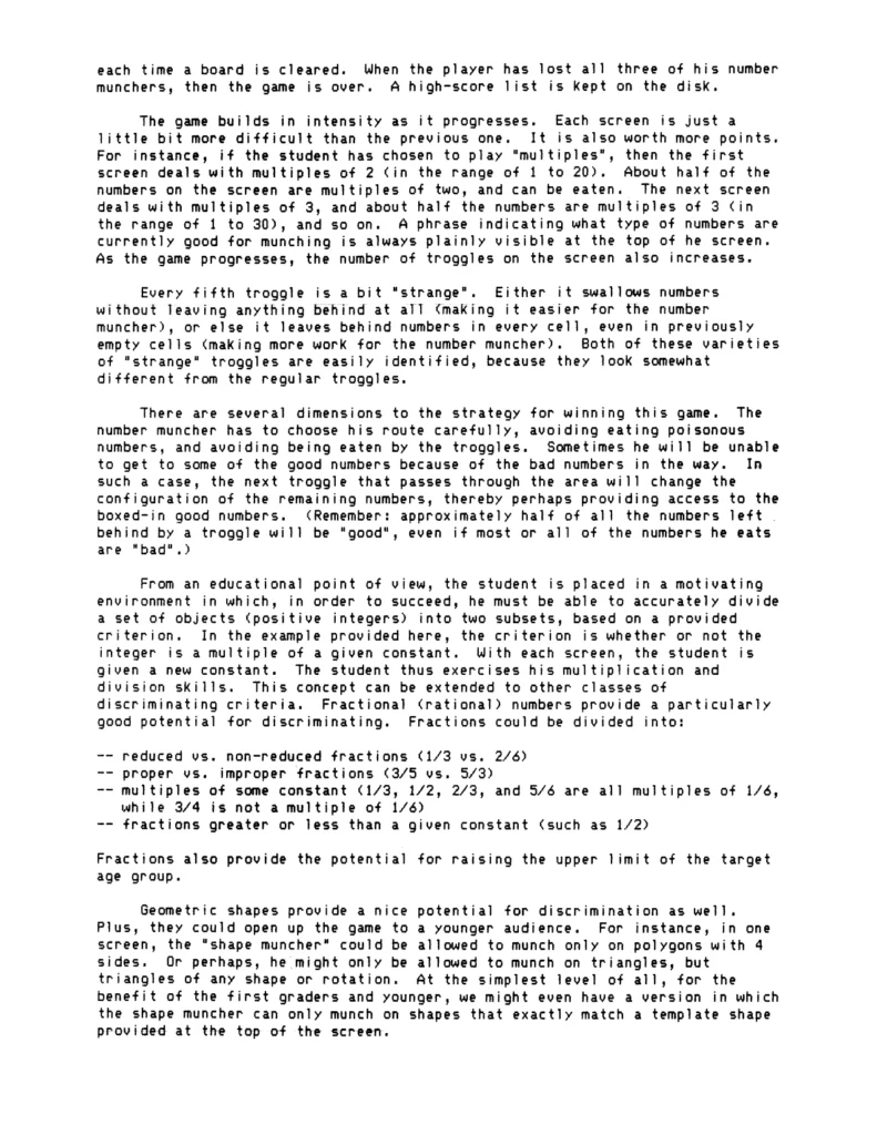 Page two of the original Number Munchers proposal submitted by Philip Bouchard in 1984.