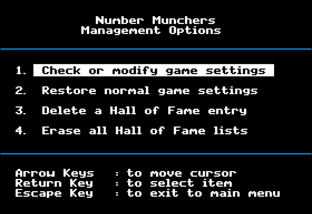 Number Munchers teacher management options screen